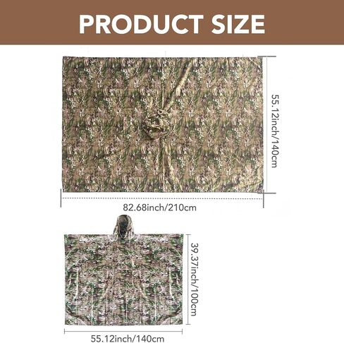 معطف مطر 3 في 1 مقاوم للماء للبالغين، معدات مطر خفيفة الوزن للمشي لمسافات طويلة، معطف مطر مموه مع غطاء رأس للتخييم، صيد الأسماك، حقيبة الظهر، قماش القنب للمأوى في الهواء الطلق in Kuwait