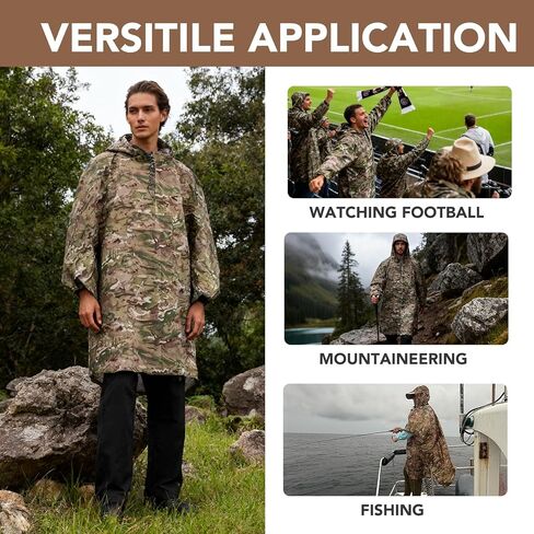 معطف مطر 3 في 1 مقاوم للماء للبالغين، معدات مطر خفيفة الوزن للمشي لمسافات طويلة، معطف مطر مموه مع غطاء رأس للتخييم، صيد الأسماك، حقيبة الظهر، قماش القنب للمأوى في الهواء الطلق in Kuwait