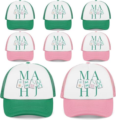 6 Pcs Mahjong Gifts Mah Jong Trucker Hats Adjustable Baseball Cap Gift for Women Men Mahjong Lovers Friends Birthday Green and Pink in Saudi Arabia