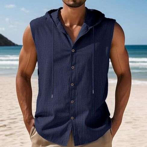 Mens Linen Hooded Tank Tops Sleeveless Button Down Shirts Summer Casual Hawaiian Beach Sleeveless Hoodies in Saudi Arabia