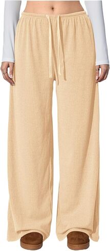 بنطلون نسائي واسع الساق ومضلع ومتماسك برباط وخصر منخفض وبنطلون طويل كاجوال in Kuwait