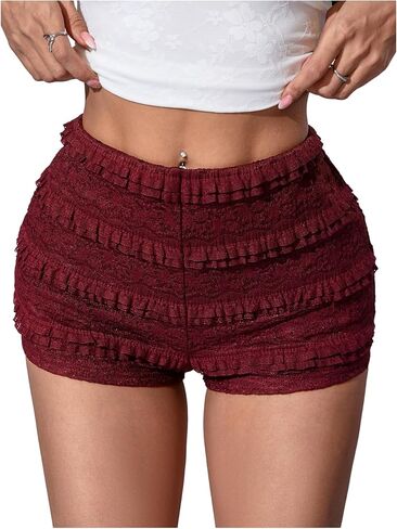 SOLY HUX Women's Lace Ruffle Micro Shorts Y2k Elastic Low Rise Sheer Layered Mini Shorts Going Out Party Clubwear in Saudi Arabia