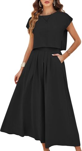 Mingzhu Womens 2 Piece Outfits Skirt Set Summer Casual Cap Sleeve Crop Tops Maxi Dress Sets with Pockets in Saudi Arabia