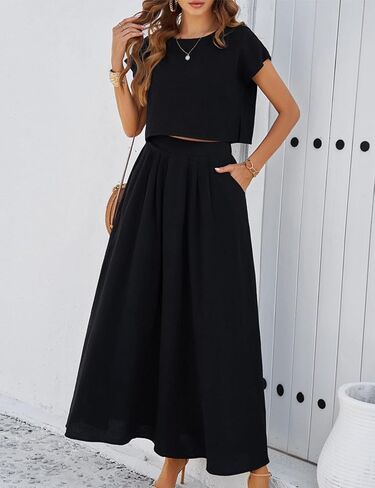Mingzhu Womens 2 Piece Outfits Skirt Set Summer Casual Cap Sleeve Crop Tops Maxi Dress Sets with Pockets in Saudi Arabia