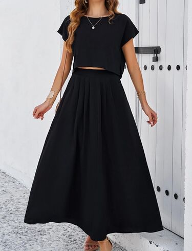 Mingzhu Womens 2 Piece Outfits Skirt Set Summer Casual Cap Sleeve Crop Tops Maxi Dress Sets with Pockets in Saudi Arabia