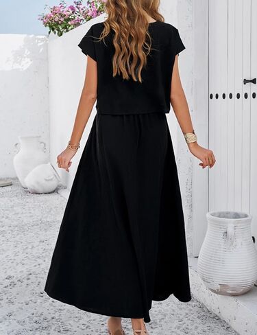 Mingzhu Womens 2 Piece Outfits Skirt Set Summer Casual Cap Sleeve Crop Tops Maxi Dress Sets with Pockets in Saudi Arabia