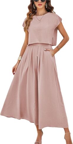 Mingzhu Womens 2 Piece Outfits Skirt Set Summer Casual Cap Sleeve Crop Tops Maxi Dress Sets with Pockets in Saudi Arabia