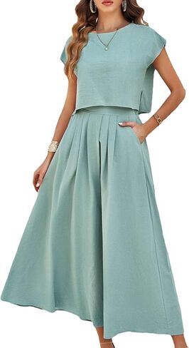 Mingzhu Womens 2 Piece Outfits Skirt Set Summer Casual Cap Sleeve Crop Tops Maxi Dress Sets with Pockets in Saudi Arabia