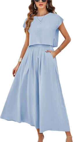 Mingzhu Womens 2 Piece Outfits Skirt Set Summer Casual Cap Sleeve Crop Tops Maxi Dress Sets with Pockets in Saudi Arabia
