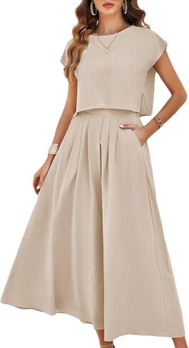 Mingzhu Womens 2 Piece Outfits Skirt Set Summer Casual Cap Sleeve Crop Tops Maxi Dress Sets with Pockets in Saudi Arabia
