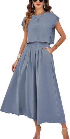 Mingzhu Womens 2 Piece Outfits Skirt Set Summer Casual Cap Sleeve Crop Tops Maxi Dress Sets with Pockets in Saudi Arabia