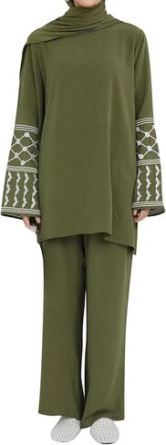 2 Piece Muslim Outfits for Women Palestine Embroidery Abayas Long Sleeve Loose Top Pants Islamic Dubai Prayer Clothes in Saudi Arabia