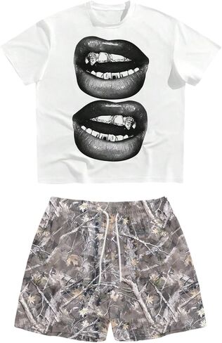 WDIRARA Men's 2 Piece Outfit Short Sleeve Lip Graphic Tees Camo Shorts Set Streetwear Outfits in Saudi Arabia
