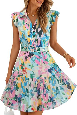 ZESICA Womens Summer Boho Floral Mini Dress 2026 Flutter Short Sleeve Button Chiffon A Line Beach Vacation Party Dresses in Saudi Arabia