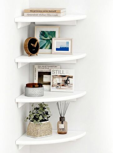 White Corner Floating Shelves for Wall – Set of 4, Rounded Wood Wall Mounted Corner Shelf with Hardware, Space Saving Decorative Storage for Kids Room, Bathroom, Living Room, Office – White in Saudi Arabia