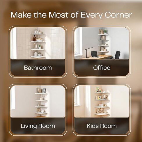 White Corner Floating Shelves for Wall – Set of 4, Rounded Wood Wall Mounted Corner Shelf with Hardware, Space Saving Decorative Storage for Kids Room, Bathroom, Living Room, Office – White in Saudi Arabia