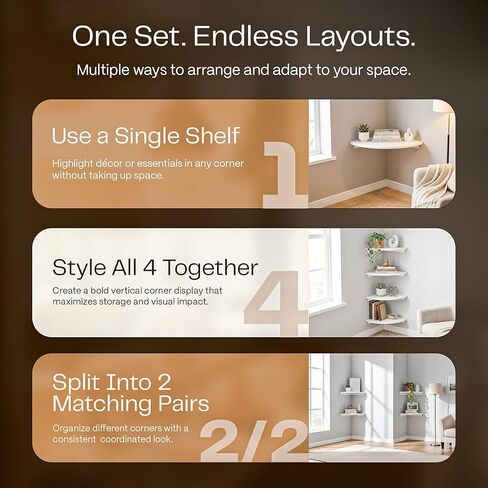 White Corner Floating Shelves for Wall – Set of 4, Rounded Wood Wall Mounted Corner Shelf with Hardware, Space Saving Decorative Storage for Kids Room, Bathroom, Living Room, Office – White in Saudi Arabia