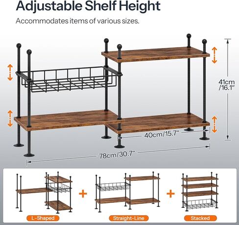 HOOBRO Kitchen countertop Organizer, 4-Tier Adjustable Kitchen Storage Shelf with Rods & Leveling Feet, 3 Configurations, for Cabinet, Countertop, Bathroom, Office, Rustic Brown and Black BF21TL01 in Saudi Arabia