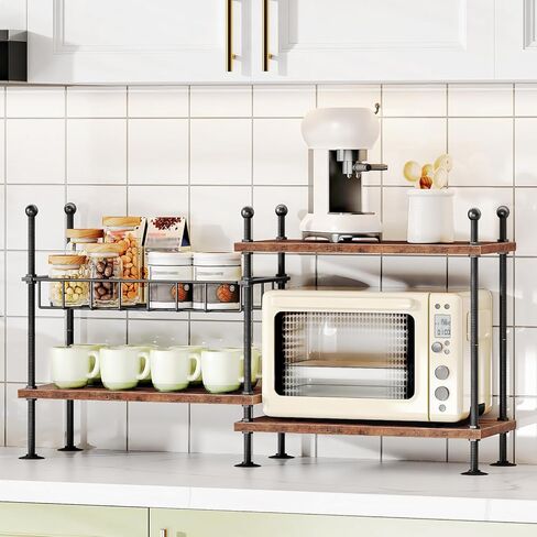 HOOBRO Kitchen countertop Organizer, 4-Tier Adjustable Kitchen Storage Shelf with Rods & Leveling Feet, 3 Configurations, for Cabinet, Countertop, Bathroom, Office, Rustic Brown and Black BF21TL01 in Saudi Arabia