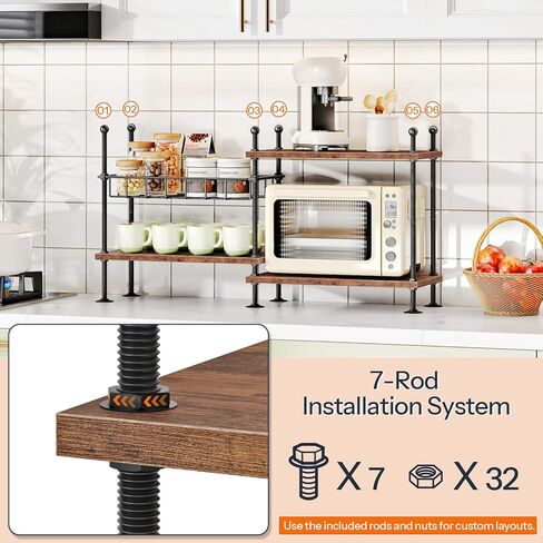 HOOBRO Kitchen countertop Organizer, 4-Tier Adjustable Kitchen Storage Shelf with Rods & Leveling Feet, 3 Configurations, for Cabinet, Countertop, Bathroom, Office, Rustic Brown and Black BF21TL01 in Saudi Arabia