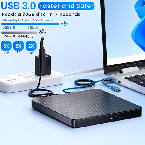 محرك أقراص DVD خارجي من Aelrsoch USB 3.0 محمول CD DVD RW محرك أقراص DVD/CD ROM رفيع ناسخ ناسخ نقل بيانات عالي السرعة لأجهزة الكمبيوتر المحمول/MacBook/سطح المكتب/MacOS/Windows10/8/7/XP in Kuwait