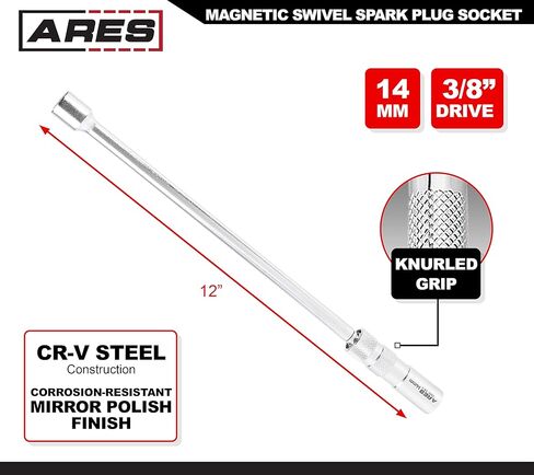 ARES 11001-14mm Thin Wall Magnetic Swivel Spark Plug Socket with 12-inch Extension - 3/8-Inch Drive 12-Point Spark Plug Socket - Walls 2mm Thinner Than Standard Spark Plug Sockets in Saudi Arabia