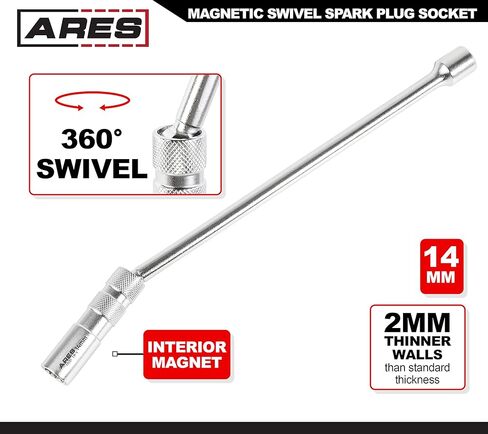 ARES 11001-14mm Thin Wall Magnetic Swivel Spark Plug Socket with 12-inch Extension - 3/8-Inch Drive 12-Point Spark Plug Socket - Walls 2mm Thinner Than Standard Spark Plug Sockets in Saudi Arabia