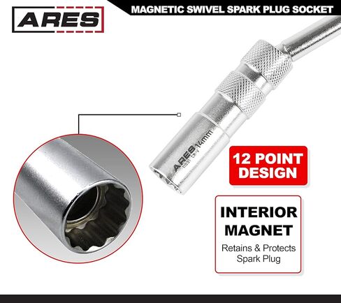 ARES 11001-14mm Thin Wall Magnetic Swivel Spark Plug Socket with 12-inch Extension - 3/8-Inch Drive 12-Point Spark Plug Socket - Walls 2mm Thinner Than Standard Spark Plug Sockets in Saudi Arabia