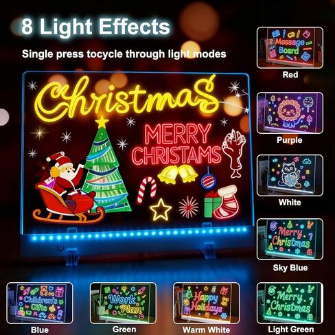 لوحة رسم LED مع 8 ألوان، لوحة ملاحظات LED مقاس 13.7 × 10 بوصة مع 7 علامات، لوحة رسائل مضاءة من الأكريليك قابلة للمسح الجاف مع حامل، لوحة سحرية مضيئة كهدية لعيد الميلاد وأعياد الميلاد in Kuwait