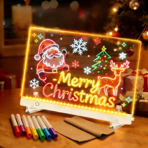 لوحة رسم LED مع 8 ألوان، لوحة ملاحظات LED مقاس 13.7 × 10 بوصة مع 7 علامات، لوحة رسائل مضاءة من الأكريليك قابلة للمسح الجاف مع حامل، لوحة سحرية مضيئة كهدية لعيد الميلاد وأعياد الميلاد in Kuwait
