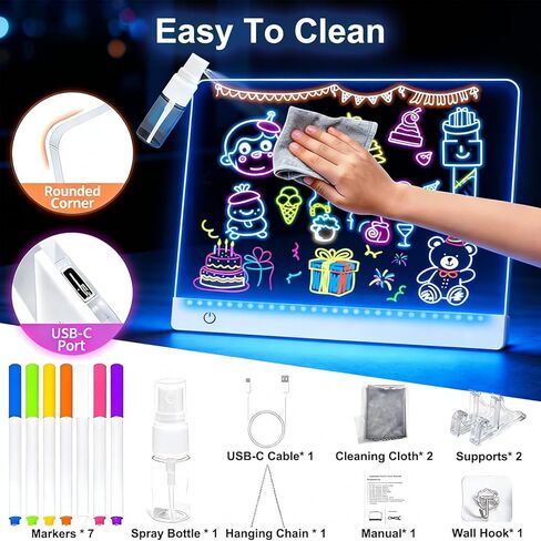 لوحة رسم LED مع 8 ألوان، لوحة ملاحظات LED مقاس 13.7 × 10 بوصة مع 7 علامات، لوحة رسائل مضاءة من الأكريليك قابلة للمسح الجاف مع حامل، لوحة سحرية مضيئة كهدية لعيد الميلاد وأعياد الميلاد in Kuwait