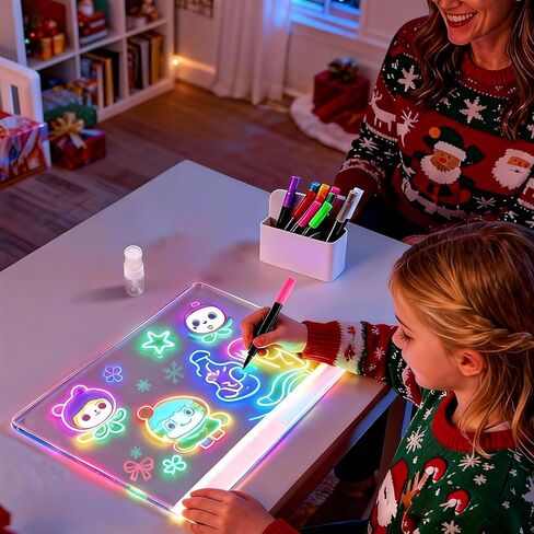 لوحة رسم LED مع 8 ألوان، لوحة ملاحظات LED مقاس 13.7 × 10 بوصة مع 7 علامات، لوحة رسائل مضاءة من الأكريليك قابلة للمسح الجاف مع حامل، لوحة سحرية مضيئة كهدية لعيد الميلاد وأعياد الميلاد in Kuwait