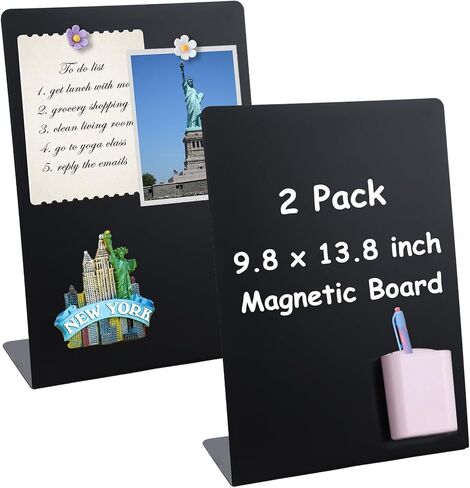2 Pack Magnet Display Board 10×14 Inch Black Metal Memo Bulletin Board with Easel Stand, 2 Magnetic Pen Holders & 4 Flower Magnets Tabletop Souvenir Board for Home Kitchen School Office Supplies in Saudi Arabia