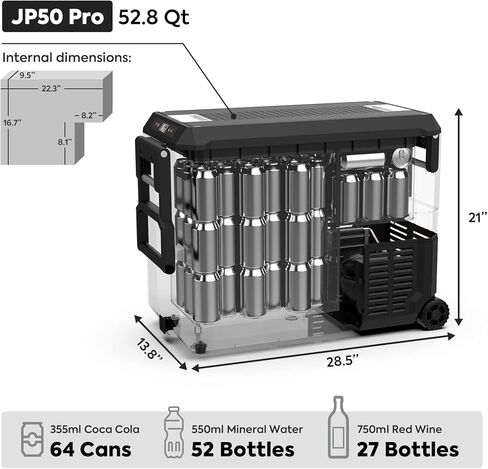 ثلاجة ICECO JP50 Pro المحمولة مع بطارية مغناطيسية، ثلاجة بفريزر 12 فولت مع عجلات، ثلاجة سيارة مدعومة من SECOP، مبرد 51.7 لتر -4 درجة فهرنهايت إلى 68 درجة فهرنهايت، تيار مستمر 12/24 فولت، تيار متردد 110/240 فولت، ثلاجة للسيارة والمنزل in Kuwait
