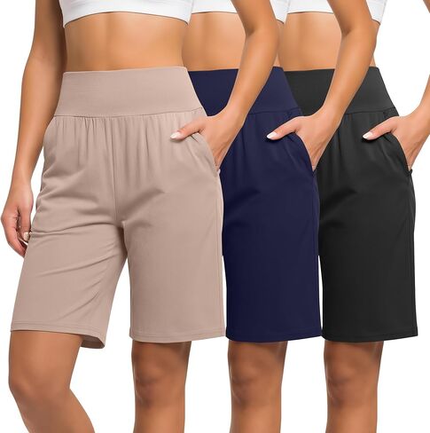 شورتات برمودا للسيدات 3 حزمة ، وعالية الخصر القطن تمتد القيعان غير الرسمية للركبة طول الصيف الرياضي مع جيوب in Kuwait