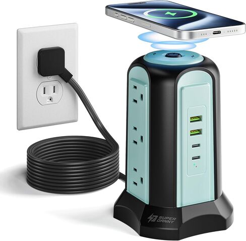 Power Strip Tower Wireless Charger, SUPERDANNY Surge Protector Tower, 10A 1080J Charger Station with 9 Outlets & 4 USB Ports, Extension Cord 10ft for Laptop Phone Black and Blue in Kuwait