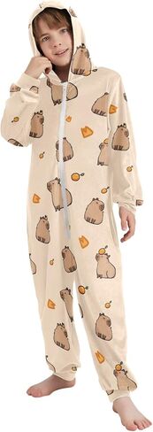 Cute Purple Flowers Capybara Onesie Pajama, Capybara Pajamas One Piece Hooded Sleepwear Zip Up Jumpsuits 5-14Y in Saudi Arabia
