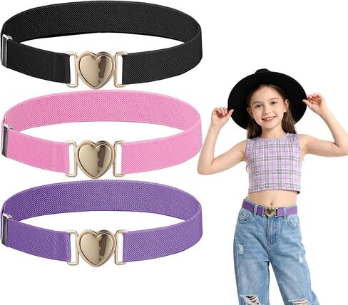 3 Pcs Girls Toddler Belts, Elastic Waist Belts with Heart Clasp, Adjustable Kids Belt for Girls Toddler, Elastic Girl Belt Waistband with Adjustable Heart Buckle Fit Size 15-30" Kids in Saudi Arabia