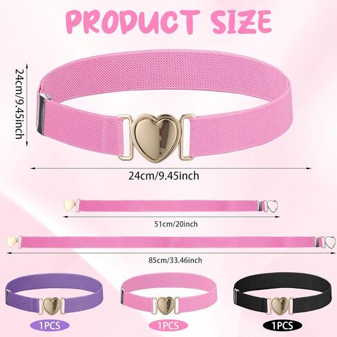 3 Pcs Girls Toddler Belts, Elastic Waist Belts with Heart Clasp, Adjustable Kids Belt for Girls Toddler, Elastic Girl Belt Waistband with Adjustable Heart Buckle Fit Size 15-30" Kids in Saudi Arabia
