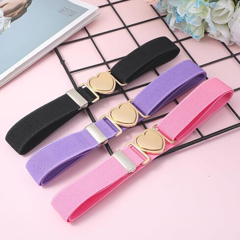 3 Pcs Girls Toddler Belts, Elastic Waist Belts with Heart Clasp, Adjustable Kids Belt for Girls Toddler, Elastic Girl Belt Waistband with Adjustable Heart Buckle Fit Size 15-30" Kids in Saudi Arabia