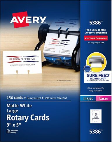 Avery Printable Rotary Cards with Sure Feed Technology, 3" x 5", White, 150 Blank Cards for Laser or Inkjet Printers (05386) in Kuwait