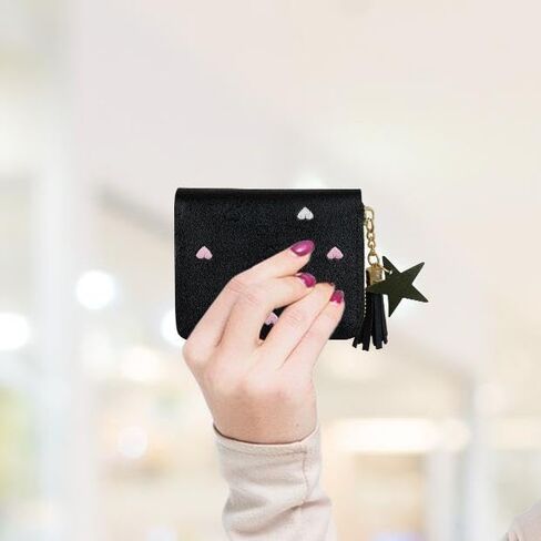 Womens Wallet, PU Material Small Zipper Wallet, Credit Card Holder Wallet with Heart Embroidery, Cute Wallet with Star Tassels Pendant(Red) in Saudi Arabia