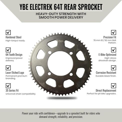 ضرس العجلة الخلفية YBE Electrek 64T - متوافق مع 35 سلسلة - ضرس فولاذي أسود مقوى للدراجات الصغيرة ودراجات الحفرة والدراجات الكهربائية - شعار محفور بالليزر - ضرس خلفي بديل للخدمة الشاقة in Kuwait
