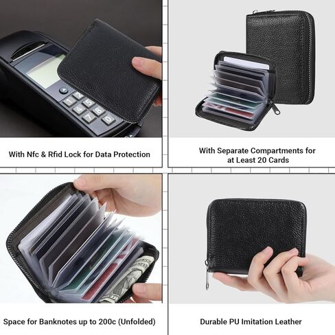 Credit Card Holder for Women Men, PU Faux Leather Debit Card Wallet, RFID Blocking Secure Cards Case, ID Case Organizer Zipper Wallet, Holds Upto 20 Credit for ID, Bank, Business (Black) in Saudi Arabia