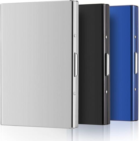 3 قطع من حامل بطاقات الائتمان من الفولاذ المقاوم للصدأ حافظة معدنية لمنع تحديد الهوية بموجات الراديو (RFID) حافظة معدنية لبطاقة الهوية مع 6 فتحات للرجال والنساء صندوق هدايا (فضي، أسود، أزرق) in Kuwait