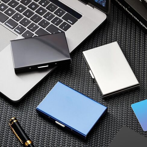 3 قطع من حامل بطاقات الائتمان من الفولاذ المقاوم للصدأ حافظة معدنية لمنع تحديد الهوية بموجات الراديو (RFID) حافظة معدنية لبطاقة الهوية مع 6 فتحات للرجال والنساء صندوق هدايا (فضي، أسود، أزرق) in Kuwait