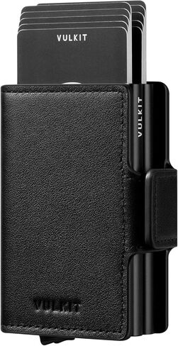 VULKIT Credit Card Holder RFID Blocking Genuine Leather Automatic Pop Up Wallet Magnetic Wallet Double Card Case for Men and Women, Nappa Black in Saudi Arabia