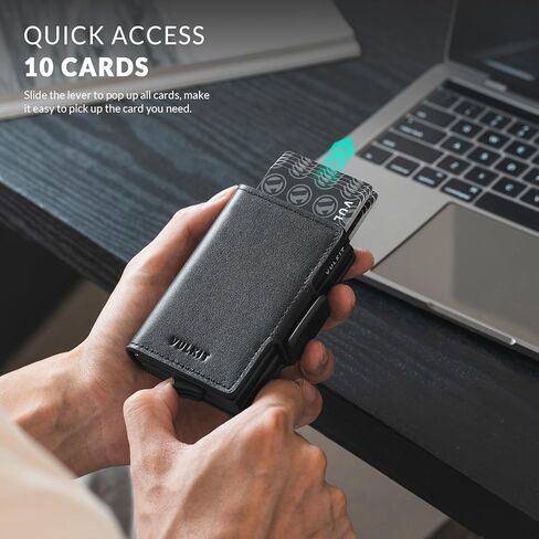 حامل بطاقة الائتمان VULKIT RFID من الجلد الطبيعي، محفظة منبثقة أوتوماتيكية، محفظة مغناطيسية، حافظة بطاقة مزدوجة للرجال والنساء، أسود نابا in Kuwait