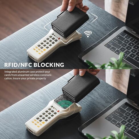حامل بطاقة الائتمان VULKIT RFID من الجلد الطبيعي، محفظة منبثقة أوتوماتيكية، محفظة مغناطيسية، حافظة بطاقة مزدوجة للرجال والنساء، أسود نابا in Kuwait