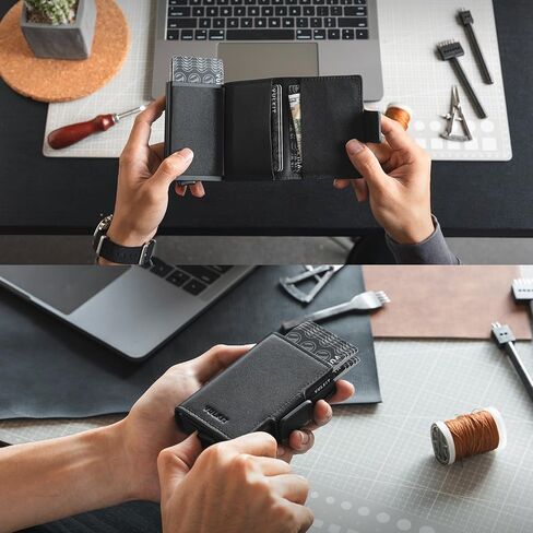 حامل بطاقة الائتمان VULKIT RFID من الجلد الطبيعي، محفظة منبثقة أوتوماتيكية، محفظة مغناطيسية، حافظة بطاقة مزدوجة للرجال والنساء، أسود نابا in Kuwait
